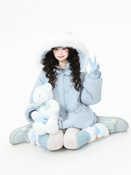 Hood Down Detachable Daily Kawaii Light Coat with Blue Two-piece FashionChic