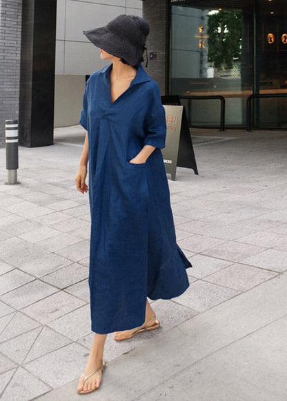 Wrinkled Open Sleeve Side Dress Linen Blue Short FashionChic