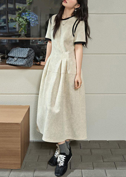 Brief O-Neck Wrinkled Maxi Grey Light Dresses Patchwork Summer FashionChic