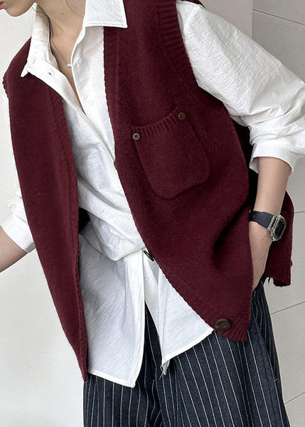 Wine Red Pockets Cozy Knit Waistcoat V Neck Fall AF1022 HS-NCT240914