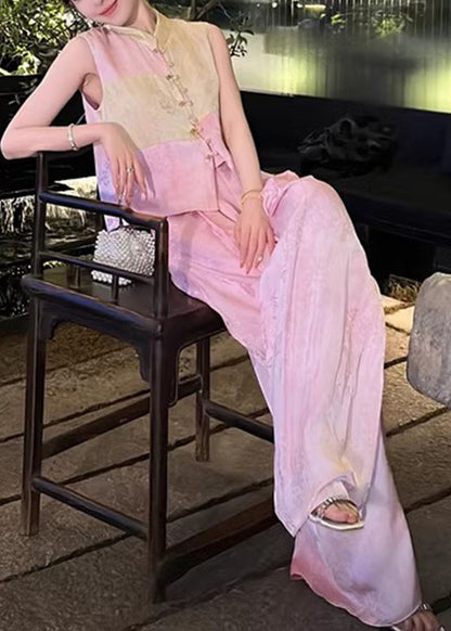 French Pink Button Waistcoat And Wide Leg Pants Silk Two Piece Set Sleeveless QP041 OL-TPIEC241001