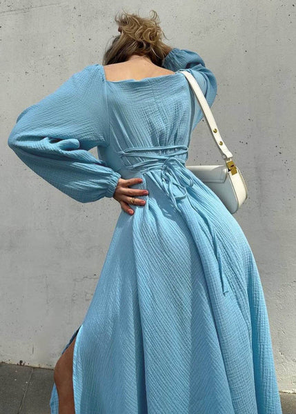 Fine Blue Square Collar Side Open Long Dress Fall EE012 shopify