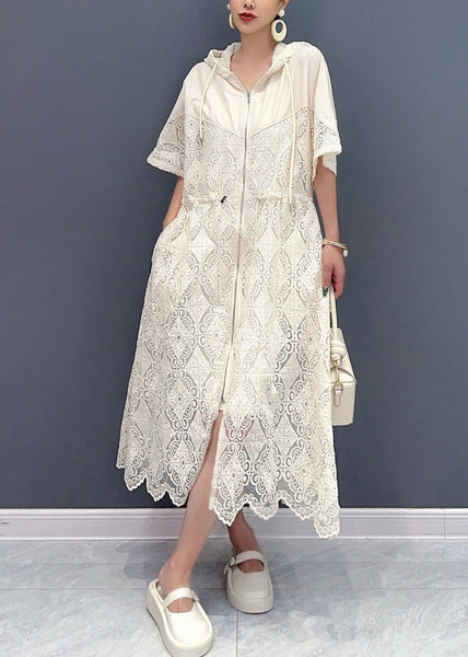 French White Hooded Cotton Zippered Hollow Out Dress Summer AO1073 JDML-SDL240909