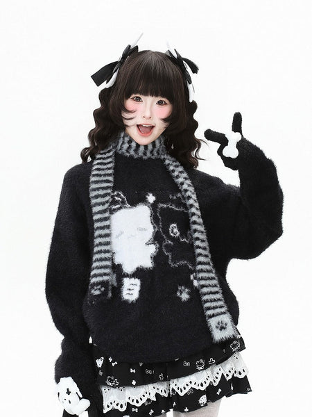 in with Pattern Grey/Black Scarf Cat Kawaii Striped Daily Sweater Set FashionChic