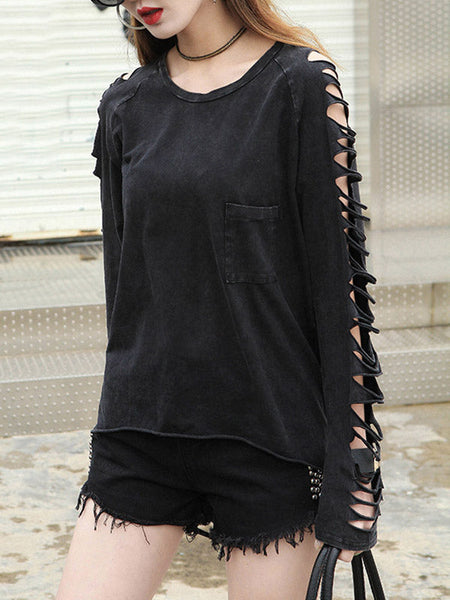 Black Sleeves T-shirt Out Long Round-neck Street Loose Hollow FashionChic