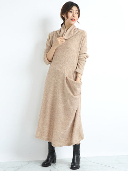 Casual Loose Cream Heaps Collar Pockets Long Sleeve Knit Dress AN1074 Genistyle Shop