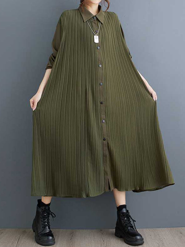 Stylish Army Green Lapel Buttoned Pleated Pockets Long Sleeves Shirt Dress WS001 shopify