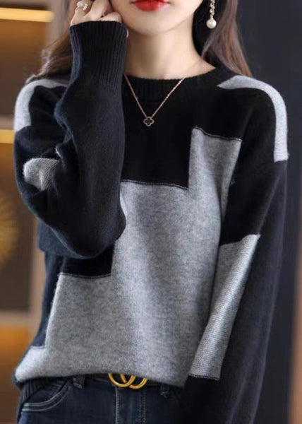 Natural White O-Neck Patchwork Thick Cashmere Knit Sweater Fall QP024 OL-NTP241001