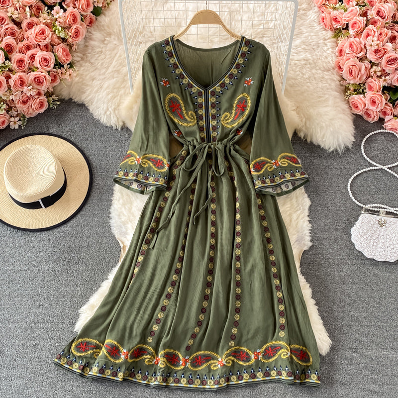 Vintage Green V-neck Tie Waist Flower Embroidery Three-quarter Sleeve A-line Dress AR1022 shopify