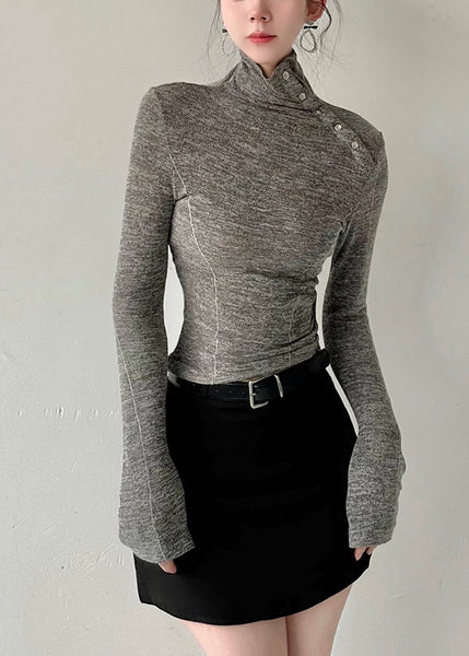 Stylish Grey Hign Neck Patchwork Cotton T Shirts Fall AN1002 Genistyle Shop