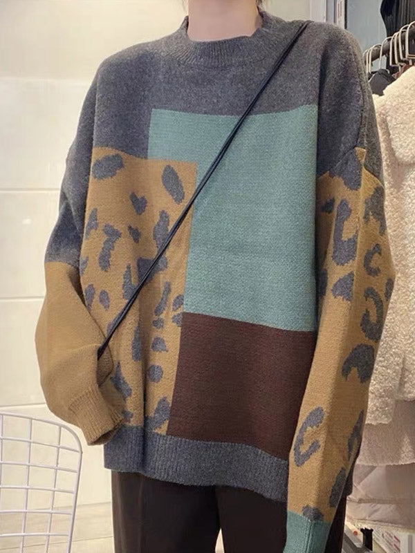 Original Brown Round-Neck Contrasting Color Blocks Leopard Long Sleeve Sweater AN1048 Genistyle Shop