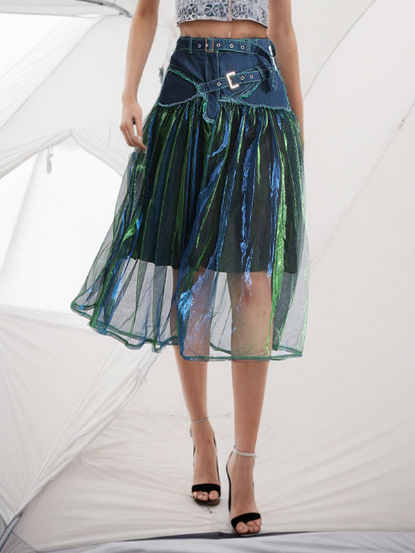 Stylish Denim With Belted Patchwork Blue Green Tulle A-Line Skirt TT1038 shopify