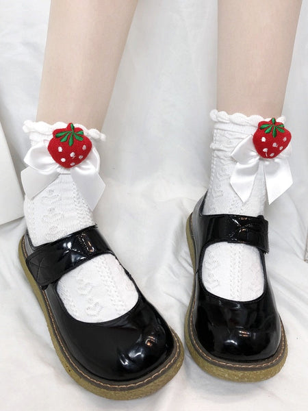 Ruffled White/Creamy Cotton Detachable Yellow/Black Bowknot Decorated Socks Strawberry FashionChic