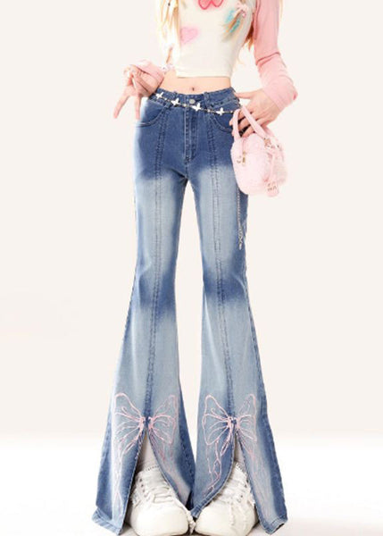 Butterfly Embroidered Style Bottoms Blue Flare Denim Patchwork FashionChic