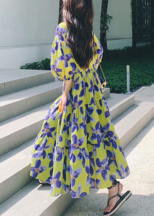 Stylish Green Print Patchwork Chiffon Long Dresses Half Sleeve QP037 OL-SDL241001