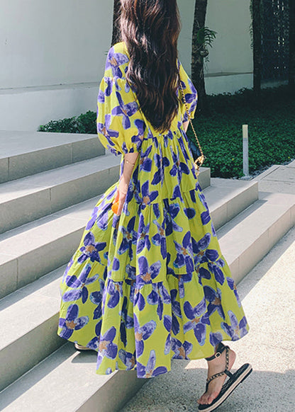 Stylish Green Print Patchwork Chiffon Long Dresses Half Sleeve QP037 OL-SDL241001