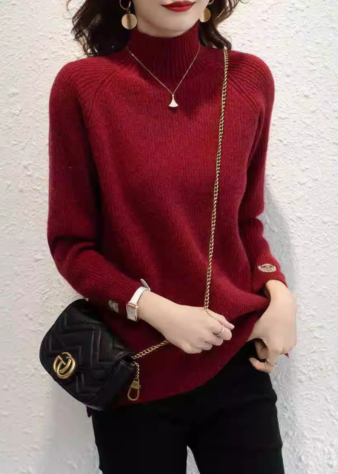 Organic Red Print Turtleneck Cotton Knit Sweaters Fall QP045 OL-NTP241001