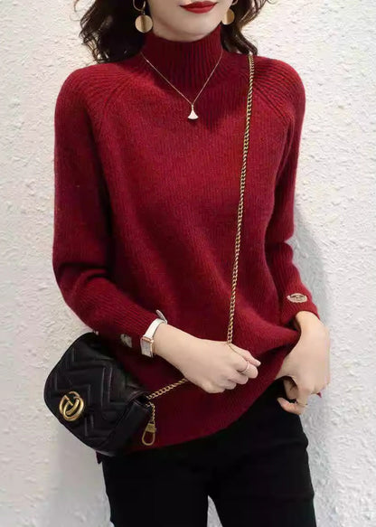 Organic Red Print Turtleneck Cotton Knit Sweaters Fall QP045 OL-NTP241001