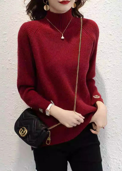 Organic Red Print Turtleneck Cotton Knit Sweaters Fall QP045 OL-NTP241001