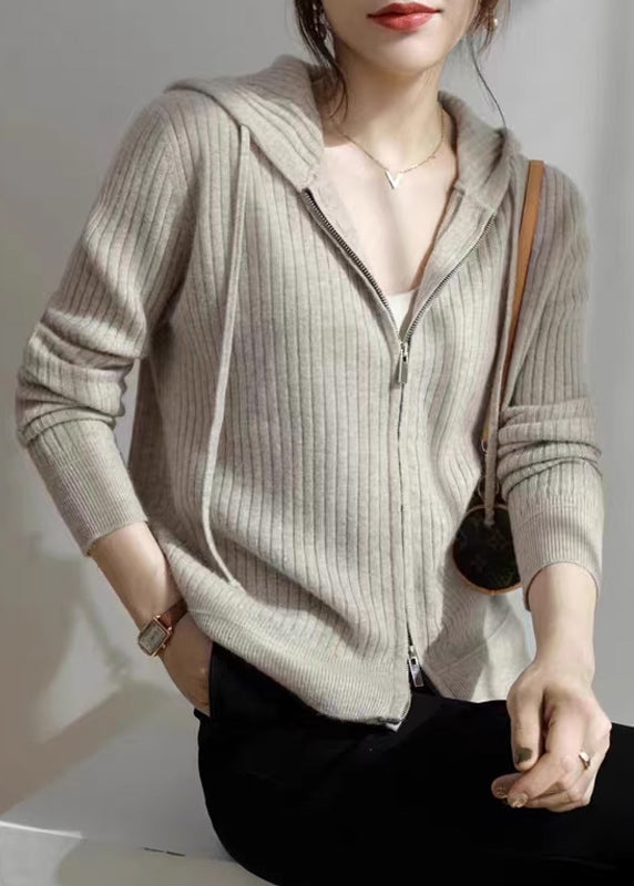 Loose White Zippered Patchwork Striped Wool Knit Hooded Cardigans Fall QP021 OL-NCT241001