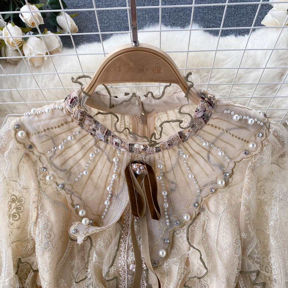 Elegant Khaki Stand Collar Embroidery Lace Long Sleeve Patchwork Sequins Tweed Dress AR1012 shopify