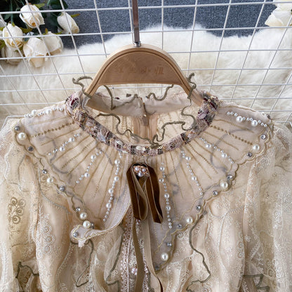 Elegant Khaki Stand Collar Embroidery Lace Long Sleeve Patchwork Sequins Tweed Dress AR1012 shopify