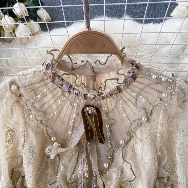 Elegant Khaki Stand Collar Embroidery Lace Long Sleeve Patchwork Sequins Tweed Dress AR1012 shopify