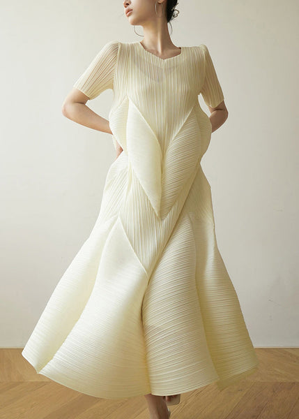 Cotton French Dresses Beige Style Summer Wrinkled FashionChic