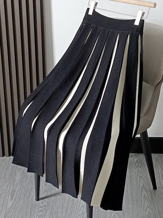 A-line Pleated Retro Skirt Knit Contrast White Color FashionChic