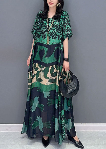 Bohemian black texture O Neck Pockets Print Patchwork Silk Long Dresses Summer TT1032 shopify