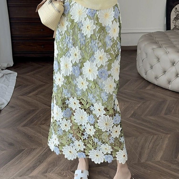Floral Green Straight Elegant Embroidery Skirt FashionChic
