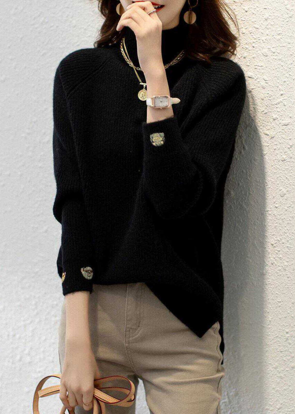 Organic Red Print Turtleneck Cotton Knit Sweaters Fall QP045 OL-NTP241001