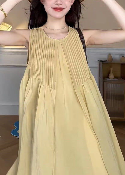 Elegant Yellow O Neck Pockets Cotton Long Dress Sleeveless TT1048 shopify