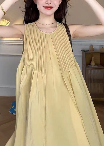 Elegant Yellow O Neck Pockets Cotton Long Dress Sleeveless TT1048 shopify