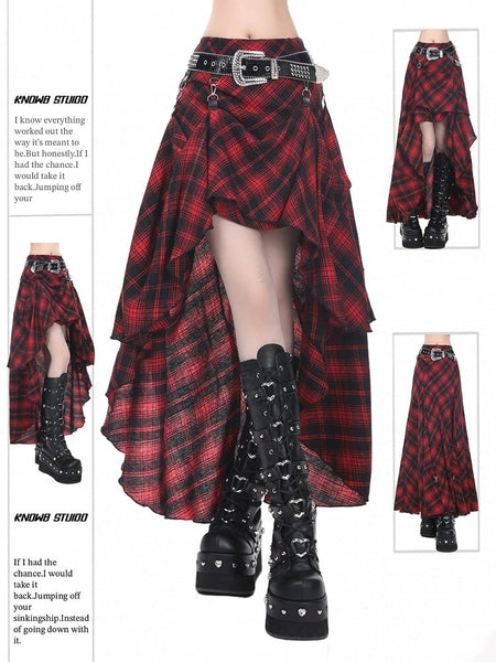 Waist Design High-low with Red Plaid Rock Belt Skirt Punk FashionChic