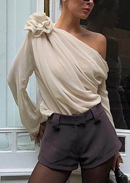 Chiffon One Floral Spring Top Apricot Brief Shoulder FashionChic