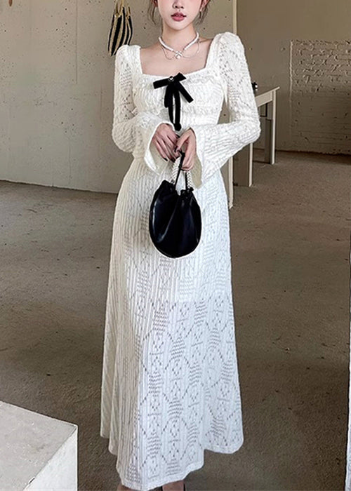 Dresses Hollow Square White Cotton Long Collar Spring Out Elegant FashionChic