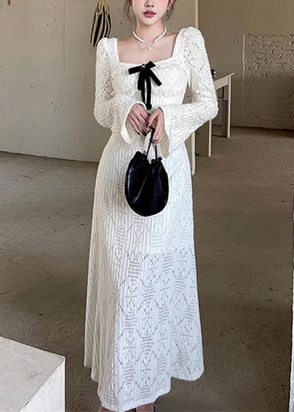 Dresses Hollow Square White Cotton Long Collar Spring Out Elegant FashionChic