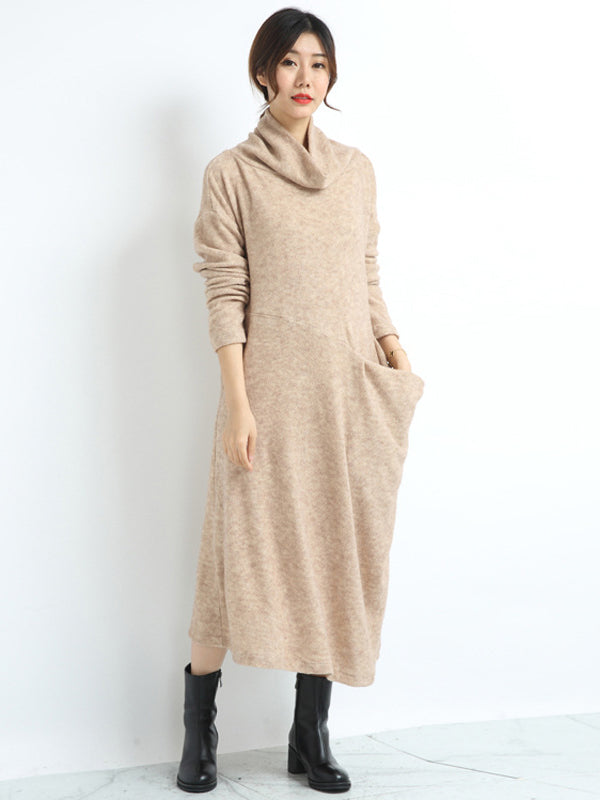 Casual Loose Cream Heaps Collar Pockets Long Sleeve Knit Dress AN1074 Genistyle Shop