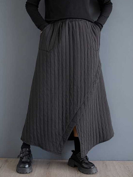Simple Black Elasticity High Waisted Pockets Quilted Asymmetric Hem Skirt TW004 ABC