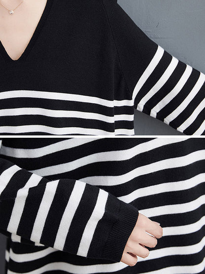 Casual Loose Black V-Neck Contrast Color Striped Long Sleeve Knit Sweater AN1035 Genistyle Shop