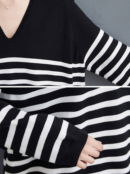 Casual Loose Black V-Neck Contrast Color Striped Long Sleeve Knit Sweater AN1035 Genistyle Shop