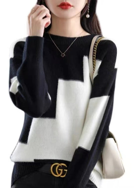 Natural White O-Neck Patchwork Thick Cashmere Knit Sweater Fall QP024 OL-NTP241001