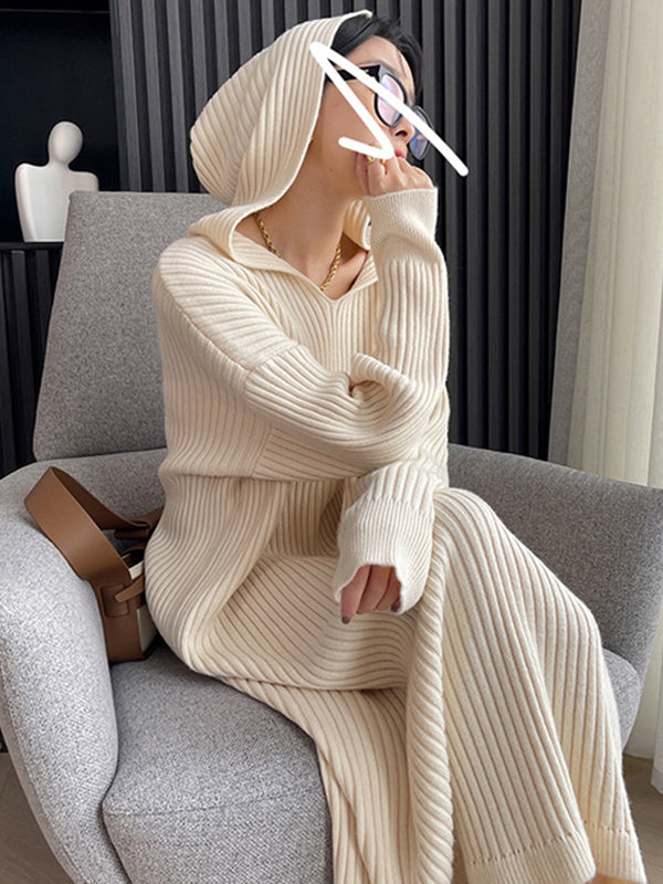 Stylish Apricot V-neck Hooded Long Sleeve Striped Knit Dress AN1044 Genistyle Shop