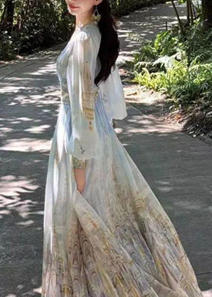 Maxi Chiffon Print Dresses Waist Blue Stylish V Spring High Neck FashionChic