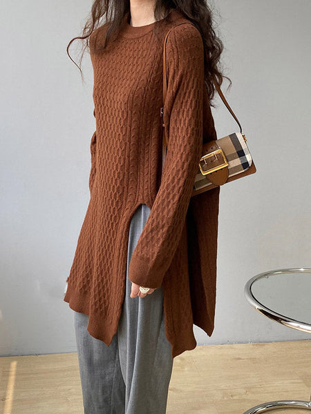 Retro Oatmeal Round-Neck Split-Side Long Sleeve Twist Knit Sweater AN1045 Genistyle Shop