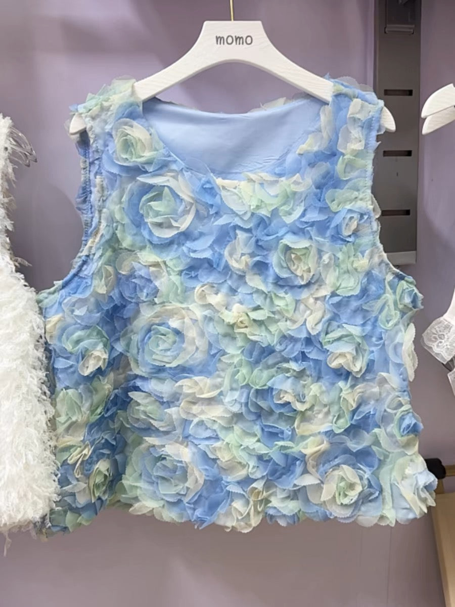 Art Blue Round Neck Gradient Floral Sleeveless Tank AZ1013 Genistyle Shop