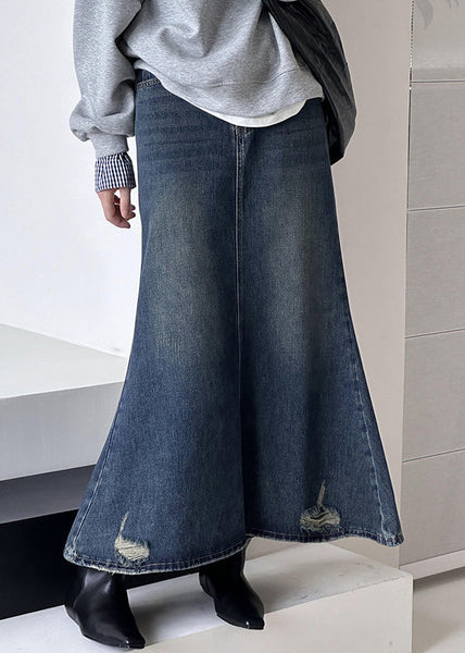 French Blue Hole High Waist Denim Maxi Skirts Fall AF1019 HS-SKTS240914