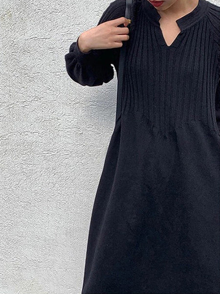 Causal Loose Grey V-Neck Pleated Long Puff Sleeve Knit Dress AN1038 Genistyle Shop