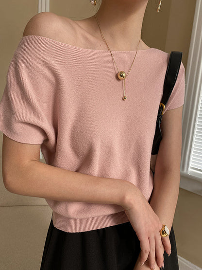 Pink Sleeve Top Short Knit Boat Loose Neck Stylish FashionChic